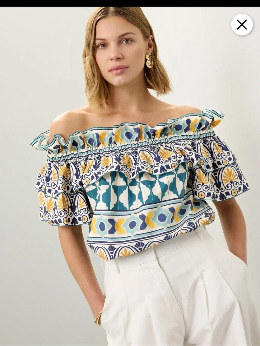 La DoubleJ Breakfast Off-The-Shoulder Ruffled Printed Cotton-Poplin Top Medium